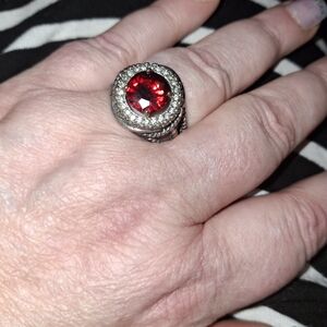 Fiery red faux gemstone rhinestone or cz halo unisex ring cocktail statement